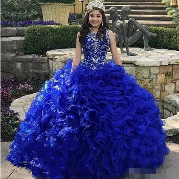 Tiered Cascading Ruffles Royal Blue Quinceanera Dresses Jewel Neck Crystal Organza Sweet 16 Dress Vestidos 15 anos Custom Made