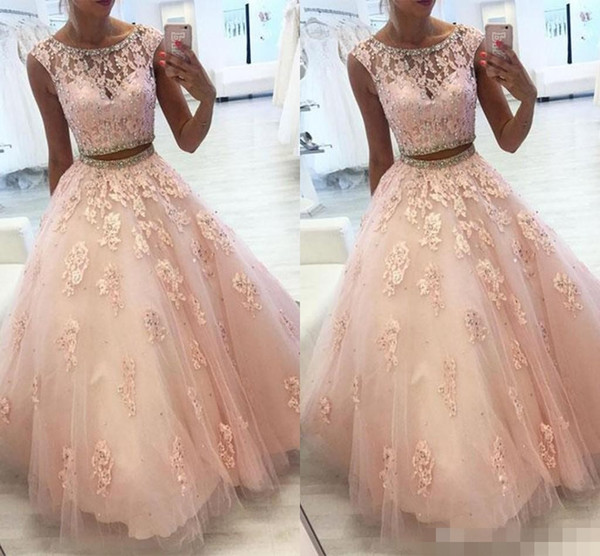 Two Piece Lace Quinceanera Prom Dresses With Beaded Crystal Tulle A Line Sweet 16 Gowns Corset Formal Dresses For 15 Year Prom