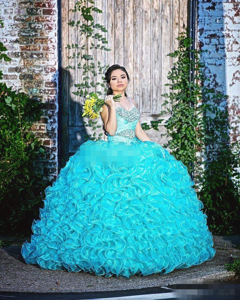 Turquoise Sweet 16 Debutantes Party Queen Dresses Sweetheart Crystals Beaded Ruffles Organza Corset Back Plus Size Quinceanera Dresses