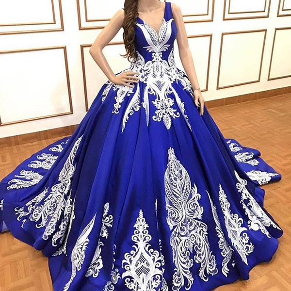 Royal Blue V Neck White Appliques Quinceanera Dresses Sweep Train Backless Stain Sweet 16 18 Formal Occasion Gown Custom Made Hot Sale