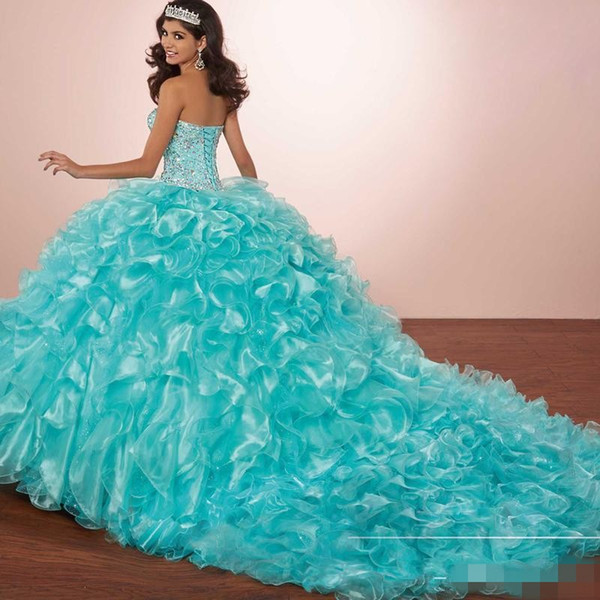 Masquerade Ball Gown Luxury Crystals Princess Puffy Quinceanera Dresses Turquoise Ruffles Vestidos De 15 Dress with Bolero jacket