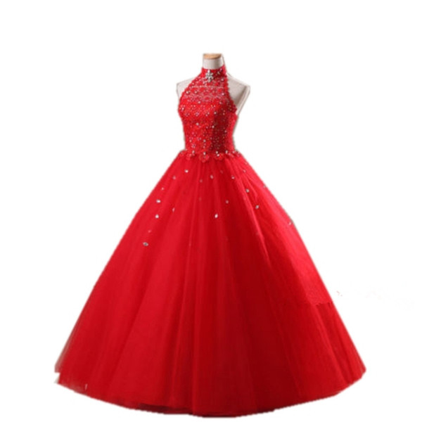 New Elegant Ball Gown Halter Red Lace Quinceanera Dresses For 15 Years Sweet 16 Prom Party Prom Gown QC1003