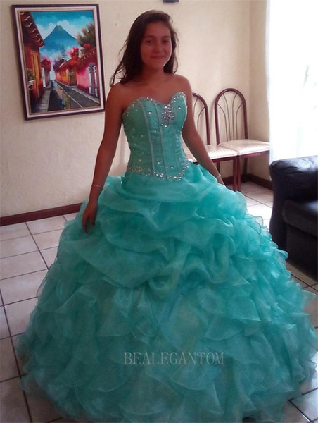 2017 New In Stock Sexy Mint Blue and Pink Quinceanera Dresses Ball Gown With Beaded Ruffle Sequins Sweet 16 Prom Party Gowns BM77