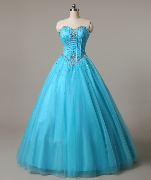 New Sweetheart Blue Quinceanera Dresses Ball Gown Tulle Beaded Crystal Sweet 16 Dress Lace Up Floor Length Pageant Prom Party Gown Stock Q14