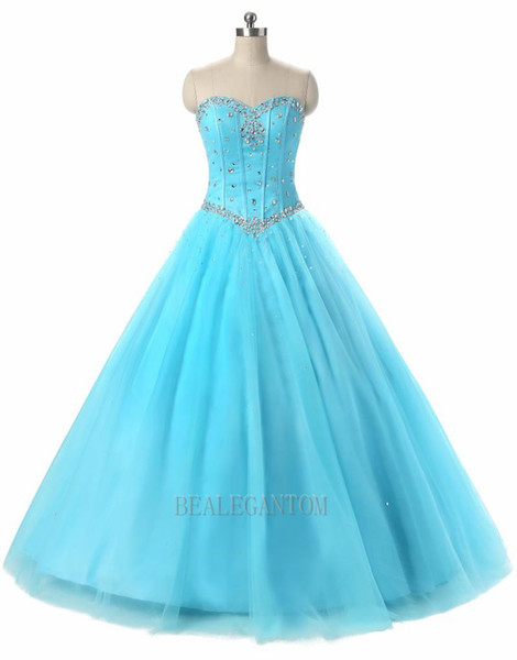 2017 Sexy Blue Sweetheart Ball Gown Quinceanera Dresses With Tulle Lace Up Floor Length Prom Party Gown Sweet 16 Dress BM87