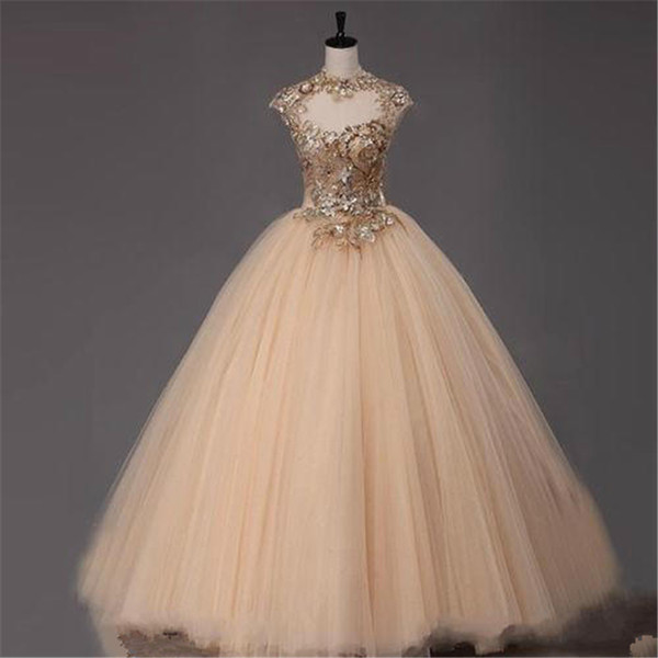 New Champagne Ball Gown Quinceanera Dresses Crystals For 15 Years Sweet 16 Plus Size Pageant Prom Party Gown QC1037