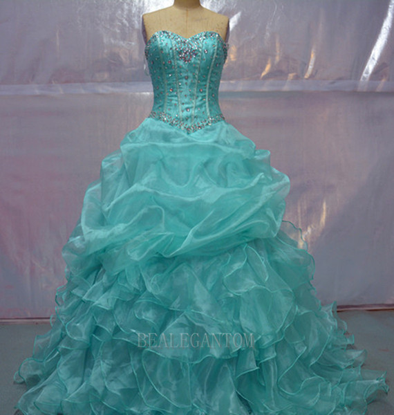 New Real Photo Stock Sexy Mint Blue and Pink Quinceanera Dresses 2017 Ball Gown With Ruffle Sequins Sweet 16 Prom Pageant Party Gowns BM76