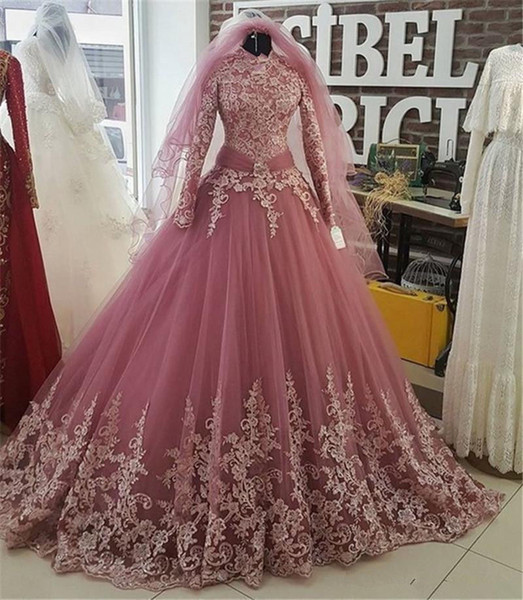 New Muslim Long Sleeve Lace Ball Gown Quinceanera Dresses Crystals For 15 Years Sweet 16 Plus Size Pageant Prom Party Gown QC1048