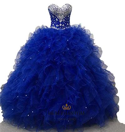 New Sexy Real Photo Royal Blue Ball Gown Quinceanera Dresses With Beads Sweet 16 Prom Pageant Debutante Dress Party Gown QC1248