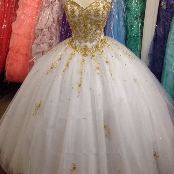 New Beautiful Ball Gown Beading White Gold Embroidery Quinceanera Dresses For 15 Years Sweet 16 Plus Size Prom Party Gown QC1019