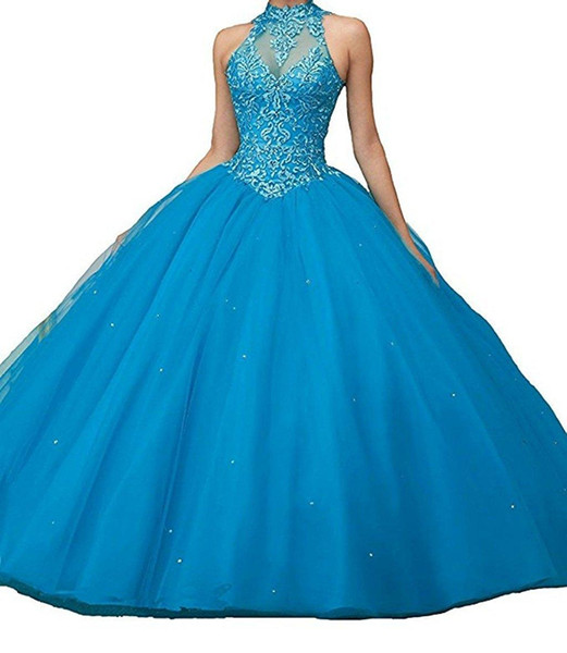 Custom New Ball Gown Halter Sleeveless Backless Long Prom Dresses Formal Tulle Lace Quinceanera Dresses Red Pink Teal HY4064