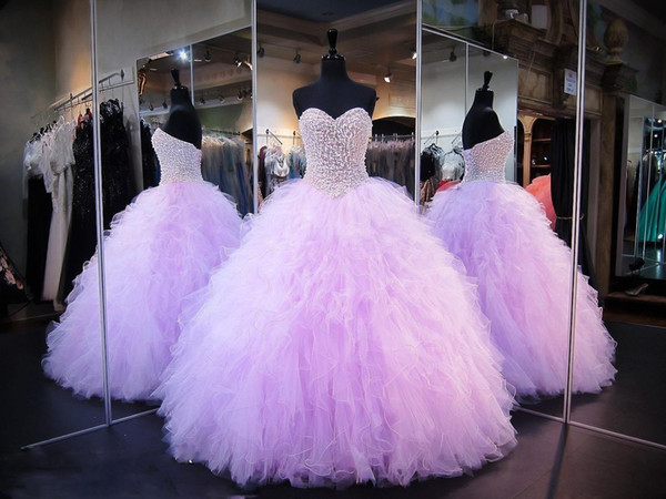 Lavender Quinceanera Dresses Ball Gown Corset Crystals Pearls Ruffles Tulle Lace Up Back Pageant Gowns For Girls Sweetheart Prom Dresses