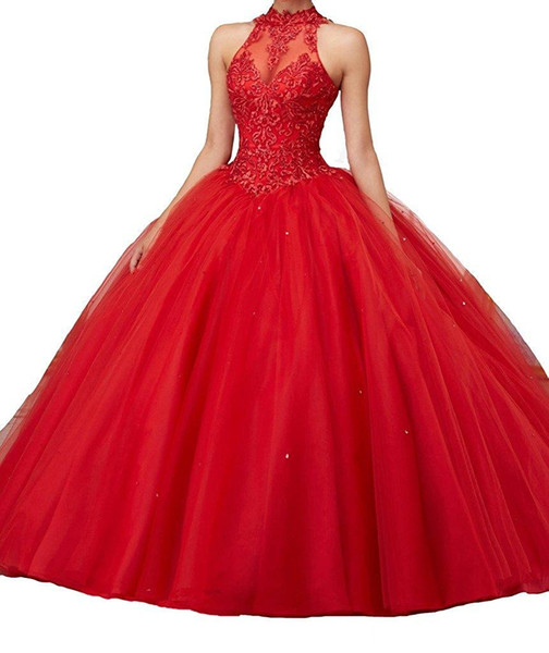 Red Beaded Quinceanera Dresses Sheer High Neck Sweet 16 Masquerad Lace Appliqued Ball Gowns Tulle Debutante Ragazza Dresses DH4064