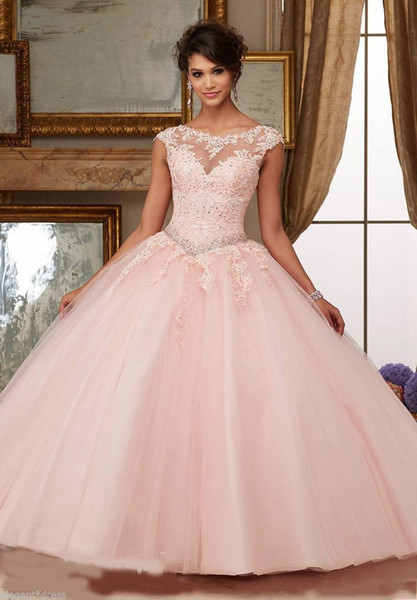 Gorgeous Quinceanera Dresses Blush Pink Bateau Neck Cap Sleeve Appliques Lace Sequins Beaded Ball Gown Sweet 16 Dresses