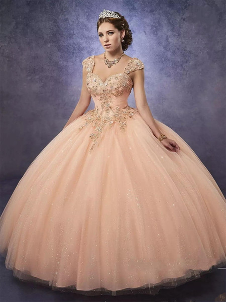 Sparkling Tulle Quinceanera Dresses Detachable Straps and Basque Waist Peach Sweet 16 Dresses Lace Up Back DH368