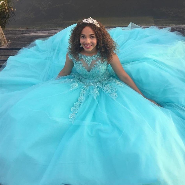 -Light Blue Ball Gown Princess Quinceanera Dresses Cap Sleeves Appliques Vestidos de 16 Anos Puffy Tulle Prom Gowns Custom Designer