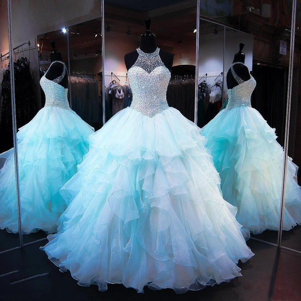 Fashionable Fully Decorated Pearl Crystals Prom Gowns For Girls Light Blue Sweet 16 Dresses Open Back Quinceanera Dress Ruffled Organza