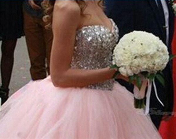 Light Pink With Full Silver Crystals and Sequins Top Quinceanera Dresses sexy 16 Dresses Lace Up Back A-line Prom Party Gowns DH337