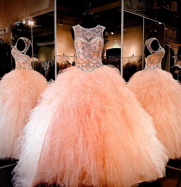 Coral Peach Sheer Crystal Beading Rhinestone Ruffled Tulle Ball Gown Sweet 16 Dresses Lace-up Backless Ball Gown Quinceanera Dresses