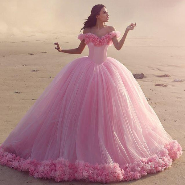 Sweetly Pink Ball Vestidos De Quinceanera Off Shoulder Tul Suave Puffy Floral Vestido De Noche Largo Fairytale Bridal DH366