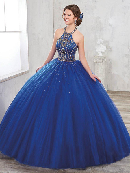 Golden Beaded Navy Halter Quinceanera Dresses Gown With Jacket Back Lace-up Puffy Skirt Prom Party Dresses Gown HY338