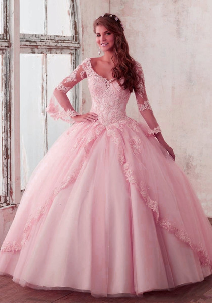 New Quinceanera Pageant Ball Gown Long-sleeve Dresses Prom Party Dresses Pink Tulle Applique Lace Sexy 16 Dresses HY4066