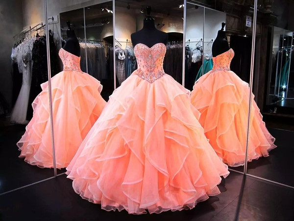 Coral Quinceanera Dresses Sweetheart Masquerade Ball Gowns Crystal Beaded Corset Organza Ruffles Floor Length Long Sweet 16 Prom Gowns HY404