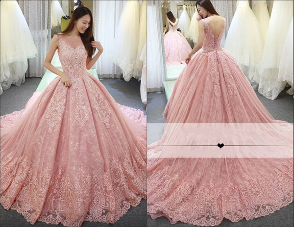 Luxury Pink Quinceanera Dresses Ball Gown Sheer Neck Sweep Train Prom Dresses With Lace Applique Backless Sweet 16 Gowns HY4157