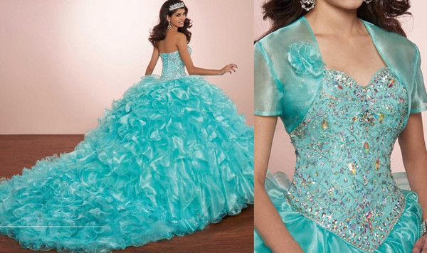 Masquerade Ball Gowns Luxury Crystals Princess Puffy Quinceanera Dresses Turquoise Ruffles Vestidos De 16 Dresses With Bolero jacket