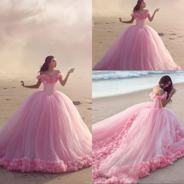 Charming Princess Quinceanera Dresses Ball Gowns Off Shoulder Cap Sleeve Sweep Train Ball Gowns Tulle Hand Made Flower Formal Gowns