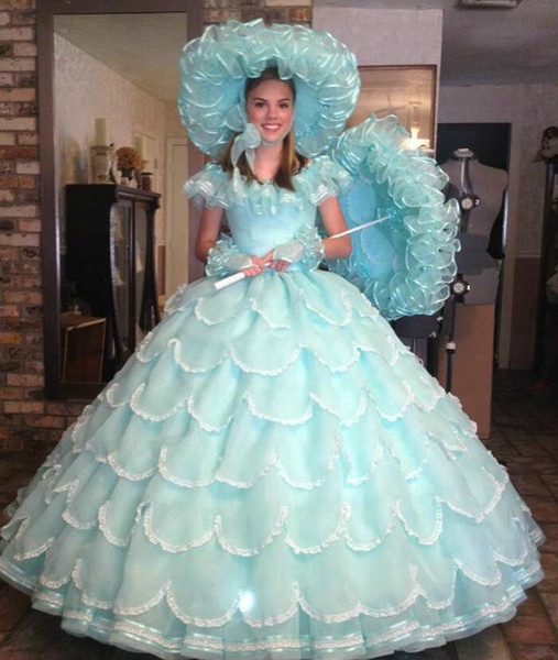 Masquerade Ball Gown Luxury Crystals Princess Puffy Quinceanera Dresses sky blue Ruffles Vestidos De 15 Dress with big bow