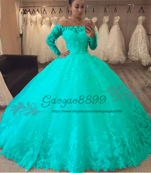 Turquoise masquerade Ball Gown Quinceanera Dresses long sleeve 3D lace Flowers Off the shoulder floor length Tulle Prom sweet 16 Dress