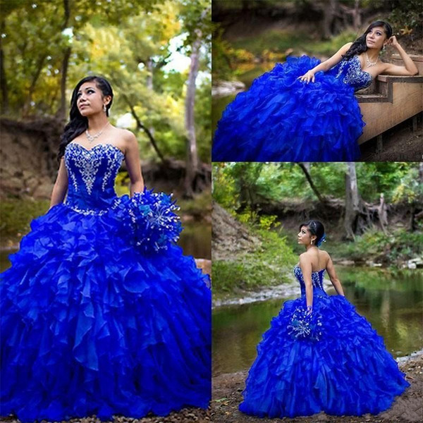 Princess Royal Blue Ball Gown Quinceanera Dresses Lace Beaded Organza Long Ruffles Sweet 16 Party Dress party Gowns