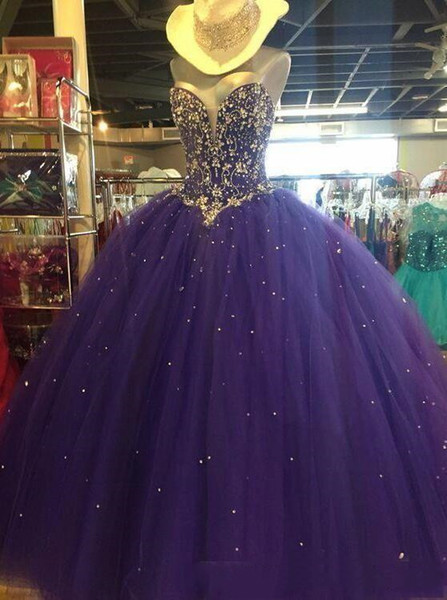 Classic Crystal Beaed Tulle Quinceanera Dresses Sweethart Floor Length Lace Up Sweet 16 Prom Gowns