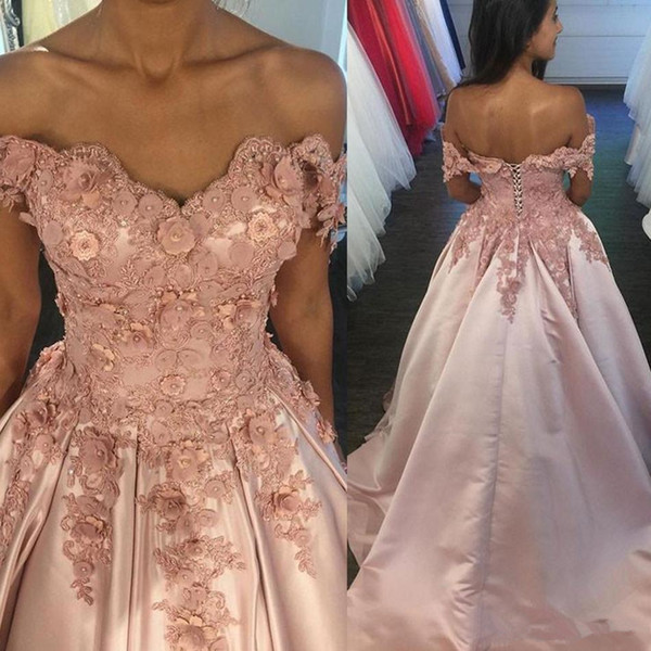 Blush pink 3D-Floral Appliques A line Quinceanera Dresses Sweet 16 Off Shoulder princess Lace Up back evening Party Pageant For Girls