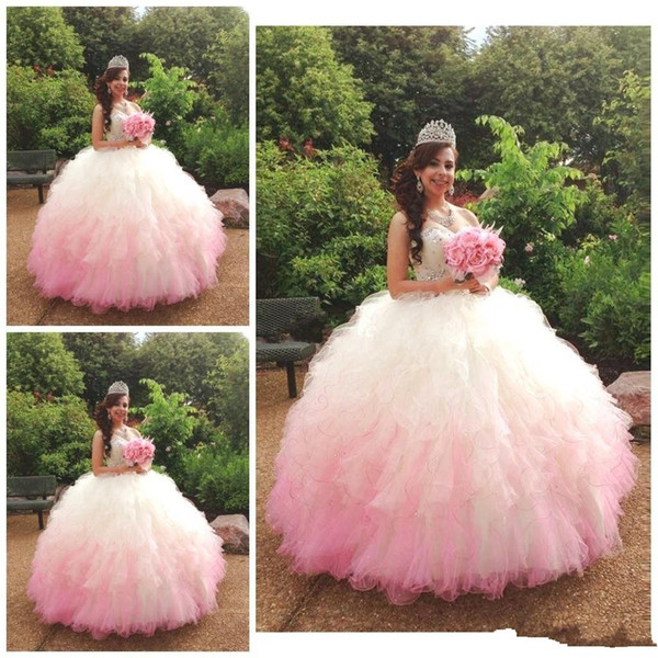 Sweety Gradient Pink Quinceanera Gowns Crystal Beaded Sweetheart Floor Length Tiered Cascading Ruffles Prom Dress Pretty Lace Up Ball Gown