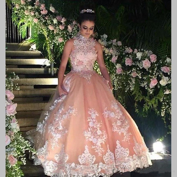 Sweet 16 Year Lace Champagne Quinceanera Dresses formal evening Ball Gown masquerade High Neck Sheer Prom Dress For Party