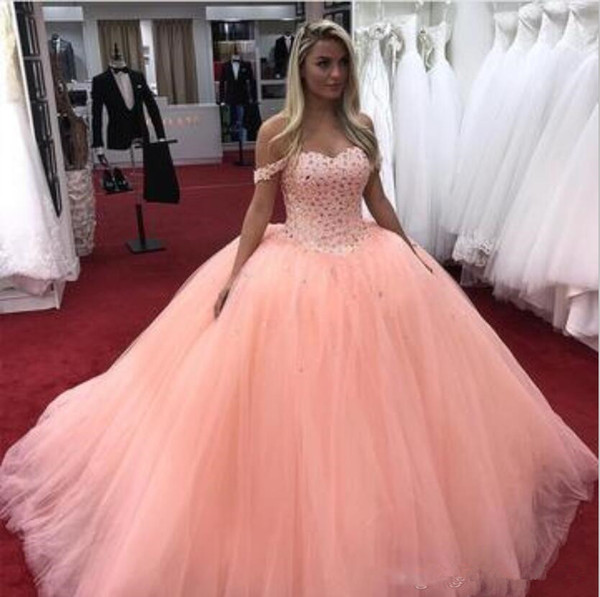 Graceful Light Orange Ball Gown Quinceanera Dresses Off Shoulder Major Beading Party Prom Gowns For Sweet 15