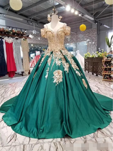 Dark Green Ball Gown Quinceanera Dresses Party Prom Wear Evening Gowns Off The Shoulder Sweep Train Lace Up