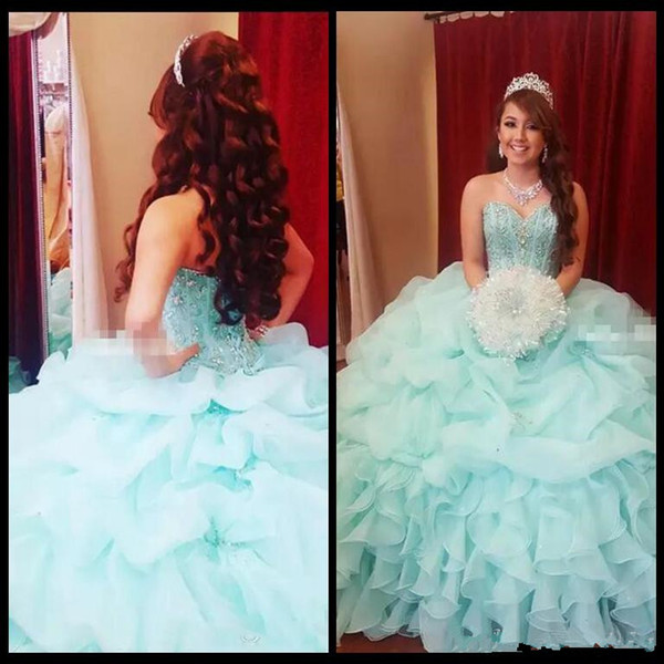 New Luxury Mint Green Ball Gown Girls Quinceanera Dresses Puffy Organza Corset Back Crystals Plus Size Vestidos De 16 Quinceanera Dresses