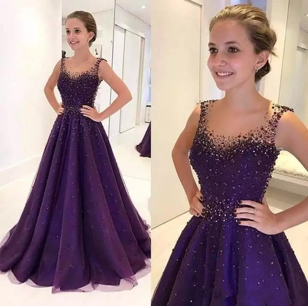 Purple crystals Masquerade Ball Gowns floor length sheer Crew Neck beaded Quinceanera Dresses Sweety Girls 15 Years Dress formal gowns