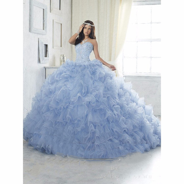 Bling Bling Ball Gown Blue Quinceanera Dress Ruffles Beaded Organza Prom Dress Debutante Gowns Cheap Sweet 16 Dresses