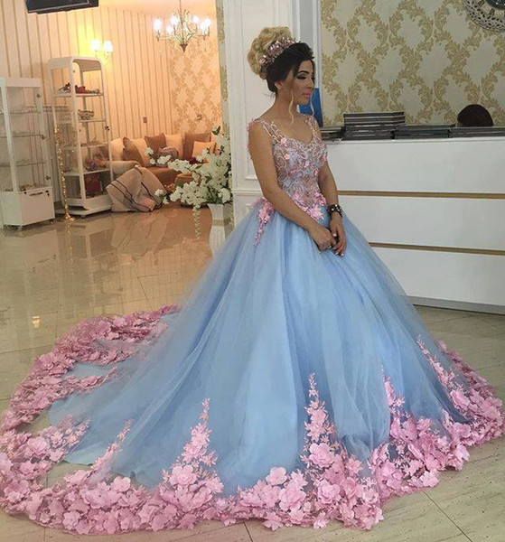 Baby Blue 3D Floral Masquerade Ball Gowns Cathedral Train Handmade Flower Debutante Quinceanera Dresses Sweety Girls 15 Years Dress