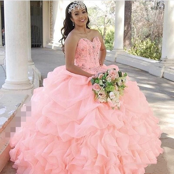 Princess Organza Ball Gown Crystal Quinceanera Dress Plus Size Tiered Ruffles Exposed Boning Beads Corset Sweet 16 Prom Dresses DTJ