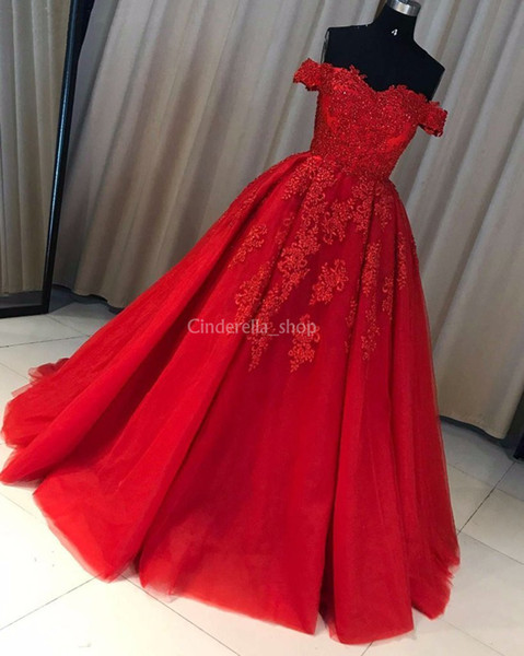 Red Ball Gown Quinceanera Dresses Off Shoulder Appliques Beads Pleats Long Tulle Sweet 15 Dresses Prom Party Gowns Plus Size Customized