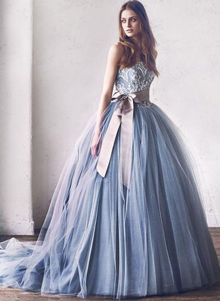 New Puffy Dusty Blue Quinceanera Dresses Sweetheart Appliques Ball Gown Ribbon Sweep Train 16 Sweet Girls Prom Party Gowns Customized