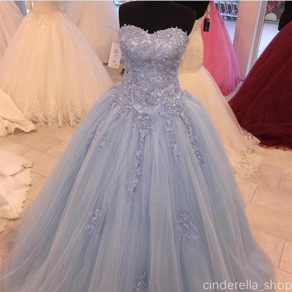 Princess Blue Ball Gown Quinceanera Dresses Sweet Heart Sweep Train Appliques Beads Prom Party Gowns For Sweet 16 Vestidos De 15 Anos