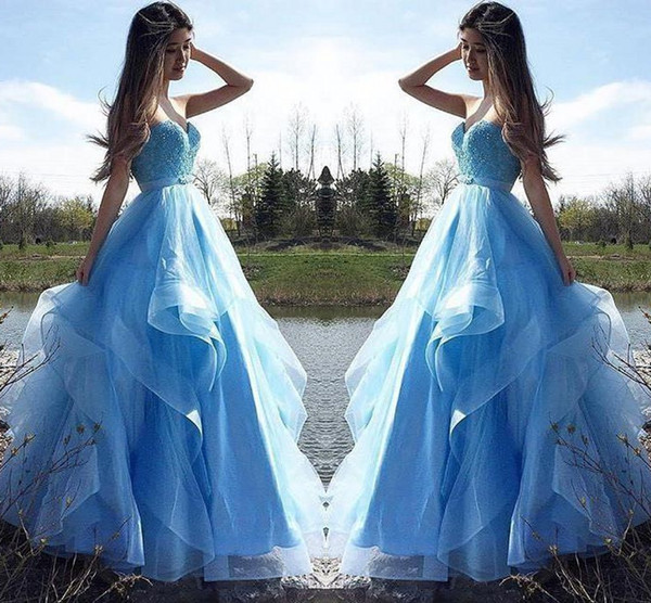 Sky Blue Lace Quinceanera Dresses A Line Sweetheart Floor Length Lace Up Beaded Formal Occasion Party Prom Gowns For Sweet 15 Cheap