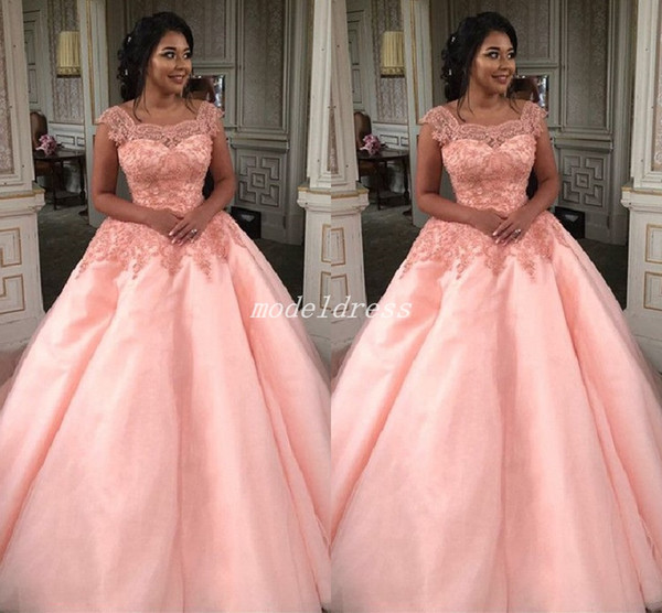 Arabic Blush Ball Gown Quinceanera Dresses Cap Sleeve Appliques Sweep Train Prom Party Gowns For Sweet 15 vestidos de quinceanera