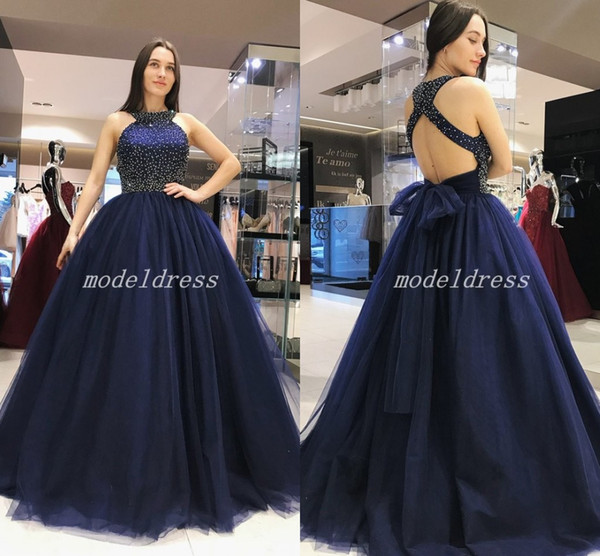 Dark Navy Ball Gown Quinceanera Dresses Jewel Hollow Back Major Beading Sweep Train Long Formal Prom Party Gowns For Sweet 15